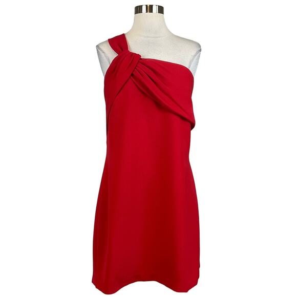 Halston Women's Cocktail Dress Size 16 Red Crepe One Shoulder Mini Sheath - Picture 1 of 13